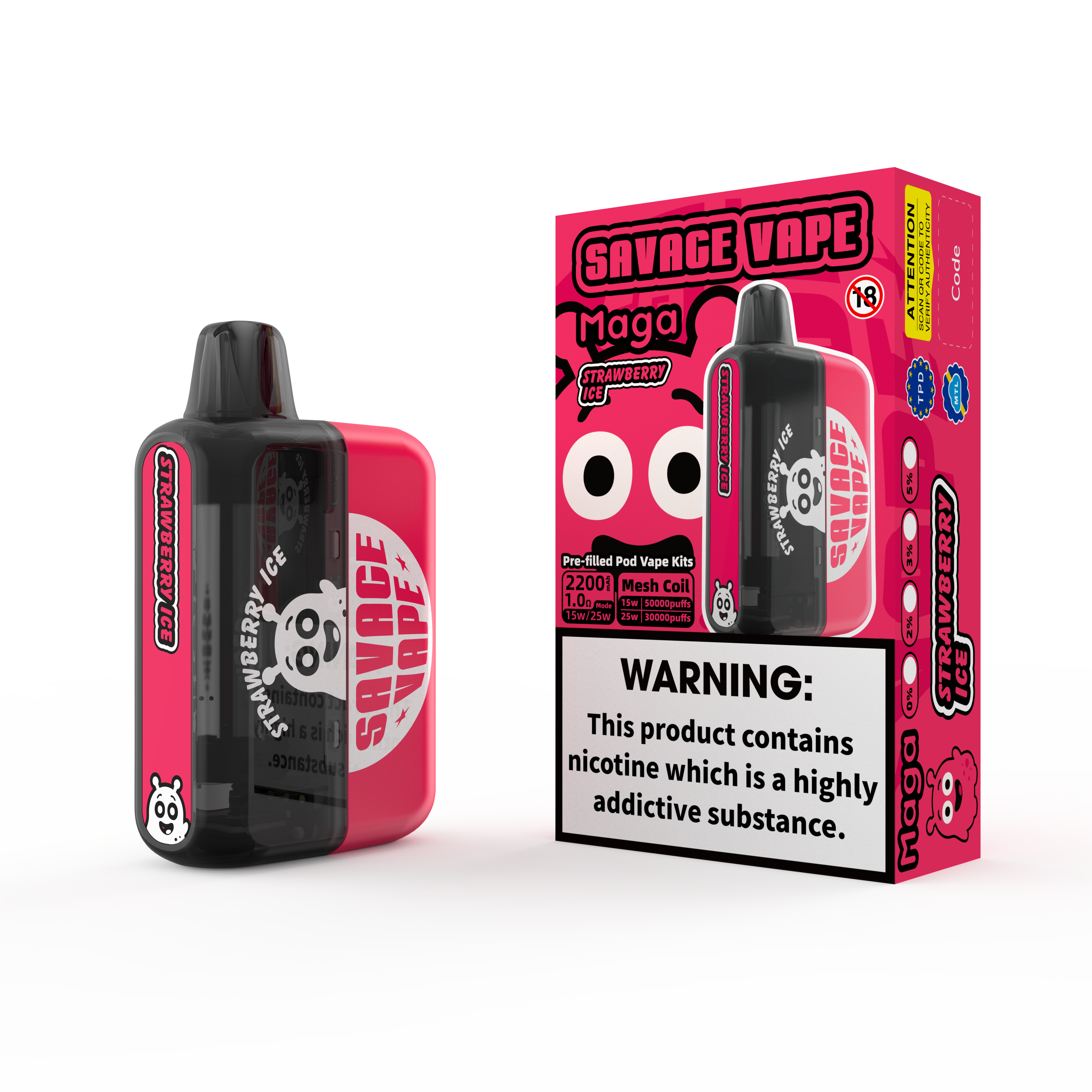 2025 Nouveau design Eu Warehouse Savage Maga 50000 Puff Préfacable Kits de cartouche remplaçable Vape Vape 50K-Strawberry Ice