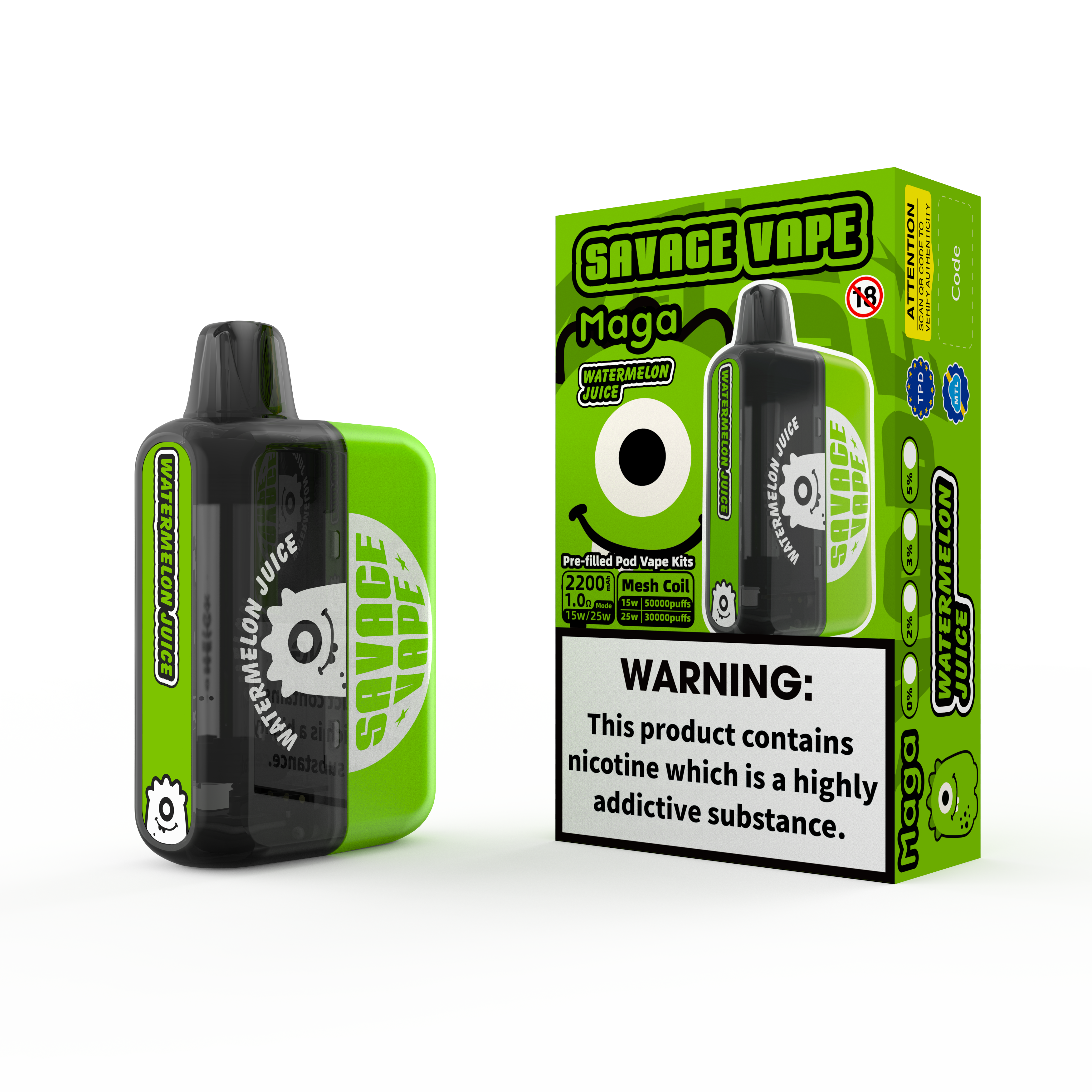 2025 Nouveau design Eu Warehouse Savage Maga 50000 Puffle Préfacable Kits Cartridge Vape Vape 50K-Watermelon Juice