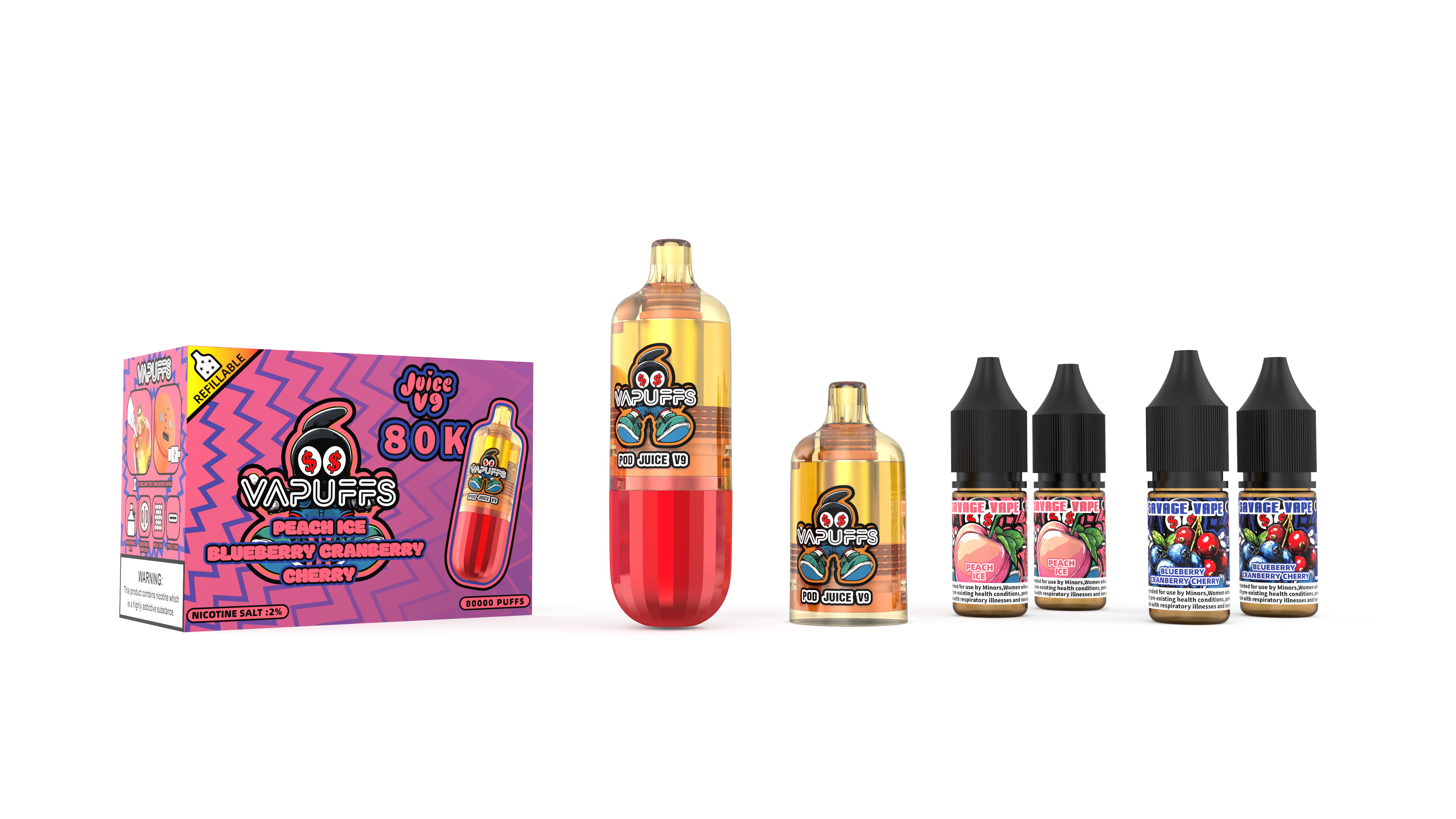 2025 Nouveau design EU Entrepôt Vapuffs Juicy V9 80k Puffs Kits rechargeables jetables Pods + 4 E-liuqid Haute qualité Vape-Peach Ice / Myrtille Cranberry Cherry