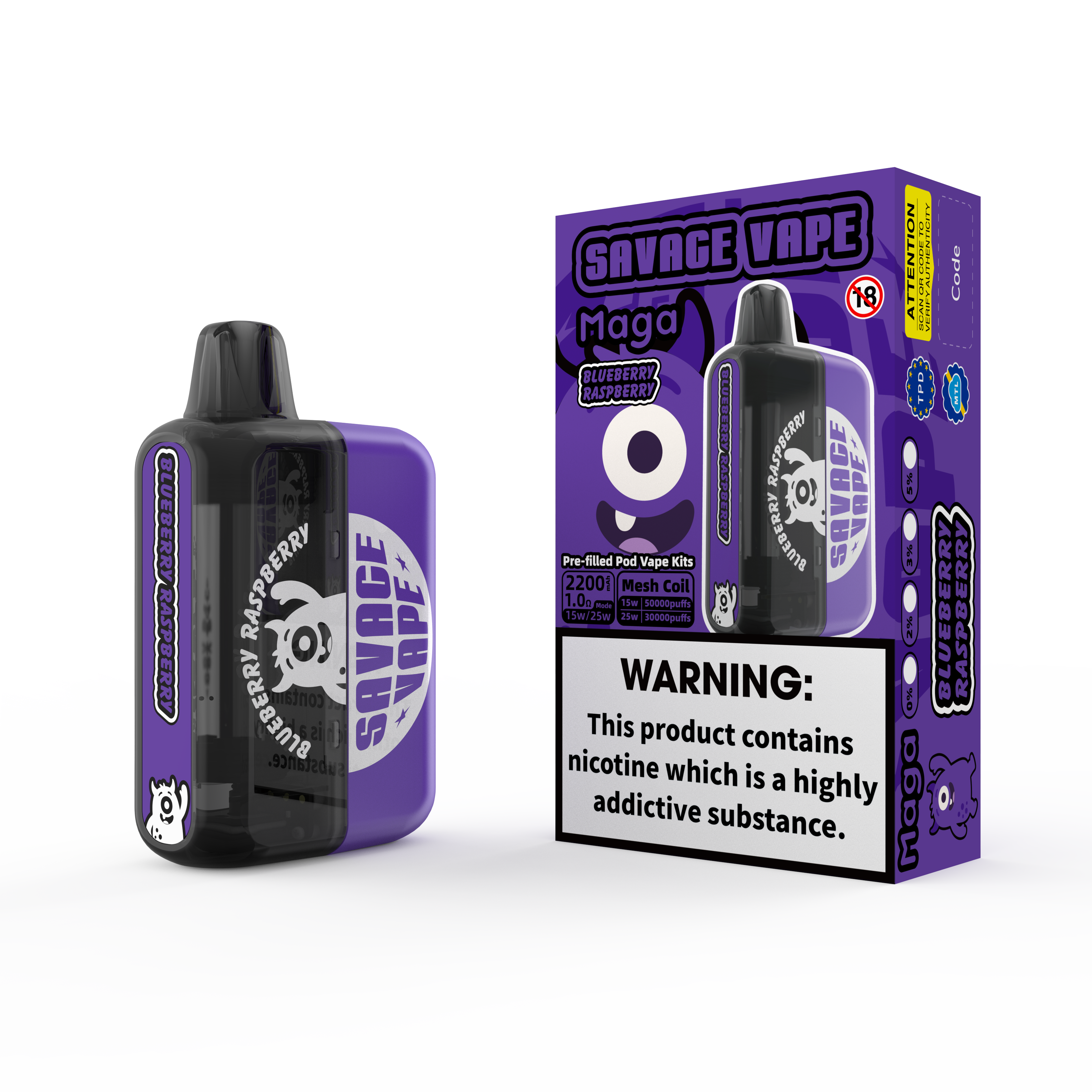 2025 Nouveau design Eu Warehouse Savage MAGA 50000 Puffle Préfacable Cartridge Kits jetable Vape 50K-Blueberry Raspberry