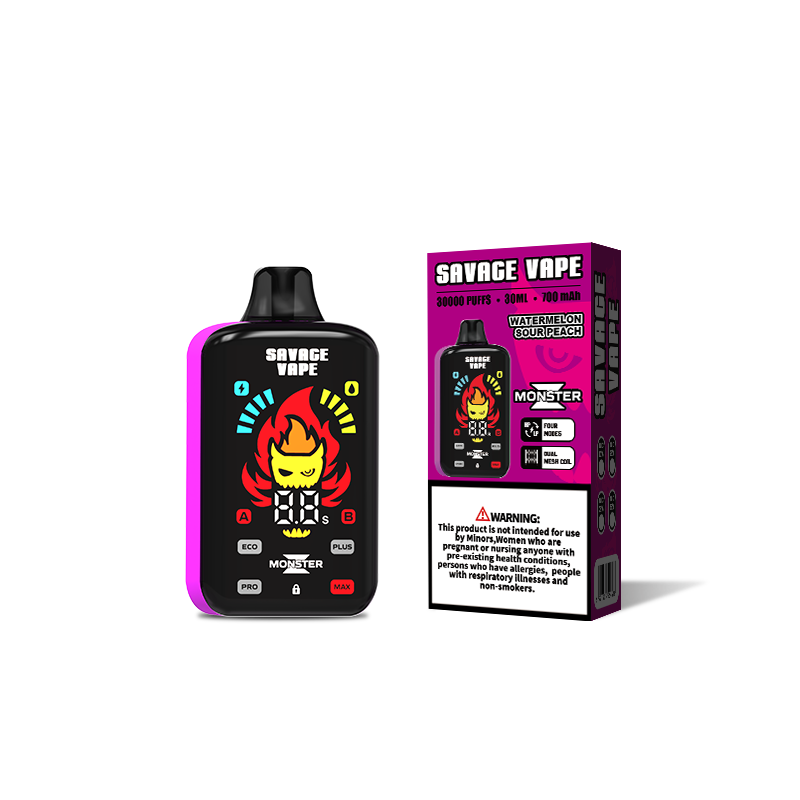 Original Savage Monster Z 30000 bouffée 30k jetable Vape E Cigarette double maille bobine 5% Nic sel-pastèque pomme aigre