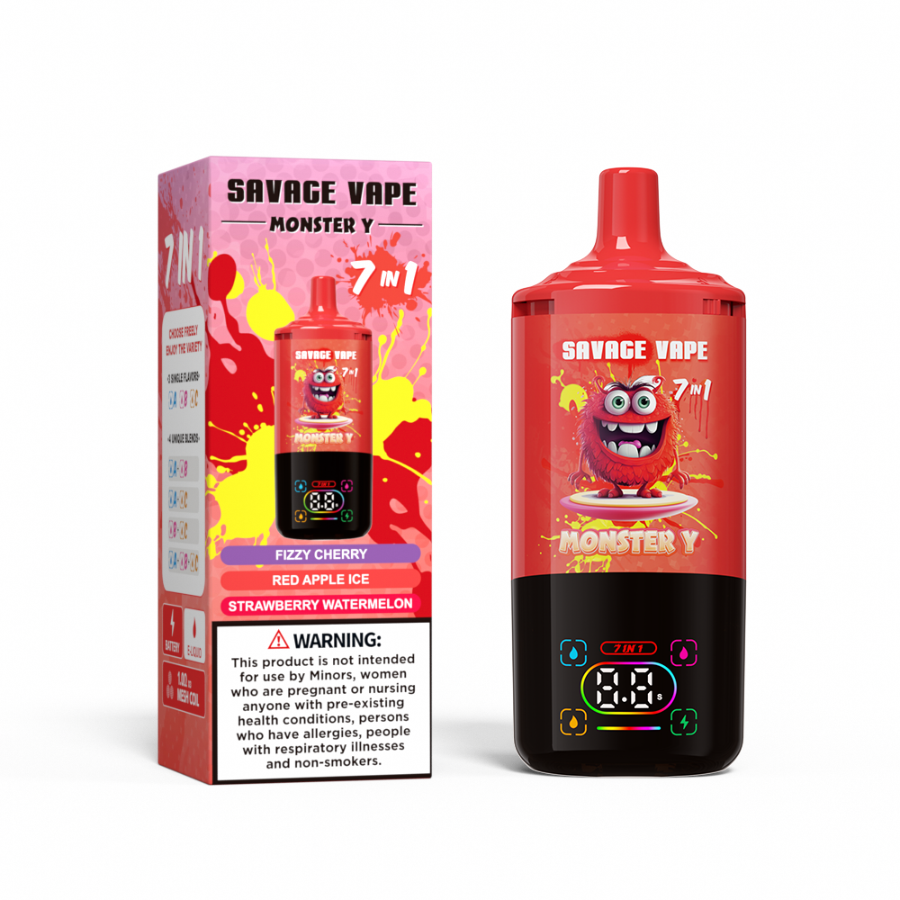Top Sale Savage Monster Y 80000 Puff 65000 50000 E Cigarette 7 en 1 Double Mesh Coil Smart Affichage 30 + 30 + 30 ml Eu Eu Eu Eu Warehouse Vape 80k 65k 50k-Fizzy-Fizzy Cherry & Red Apple Glea