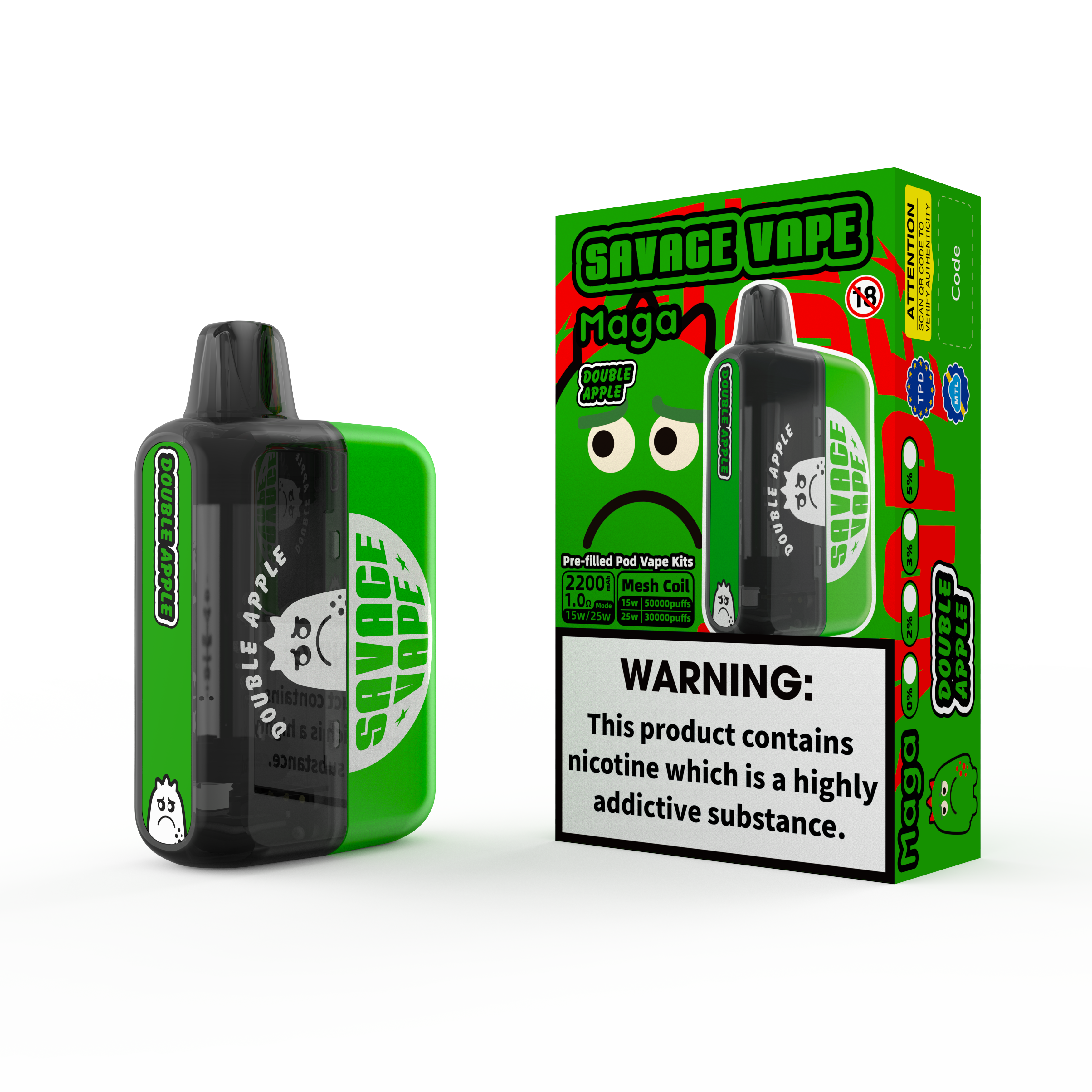 2025 Nouveau design Eu Warehouse Savage Maga 50000 Puffled Préfacable Cartridge Kits Disposable Vape 50K-Double Apple