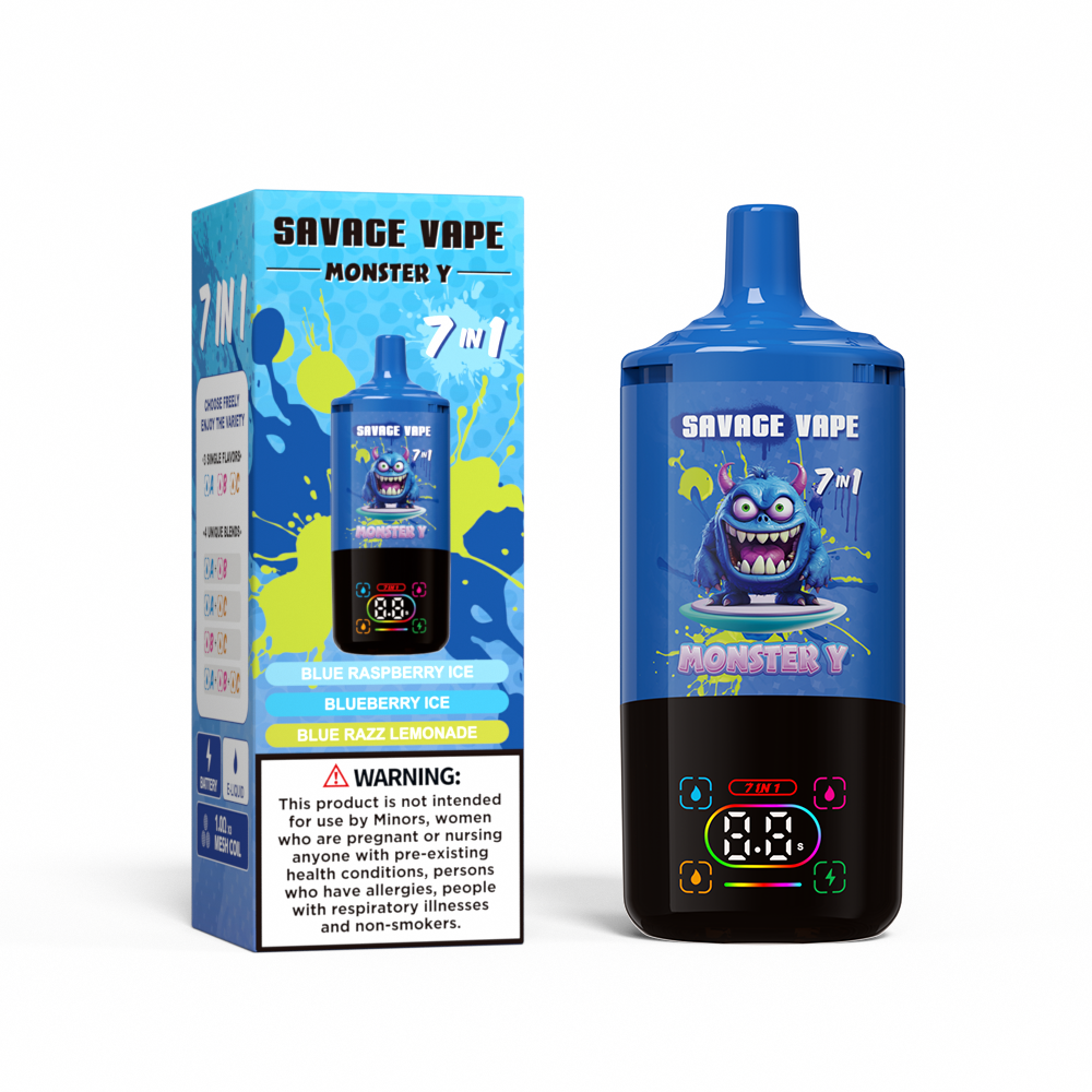 Top Sale Savage Monster Y 80000 Puff 65000 50000 E Cigarette 7 en 1 Double Mesh Coil Smart Affichage 30 + 30 + 30 ml EU Eu Eu Eu Warehouse Vape 80k 65k 50k Blue Ice et glace aux myrtilles Blueberry