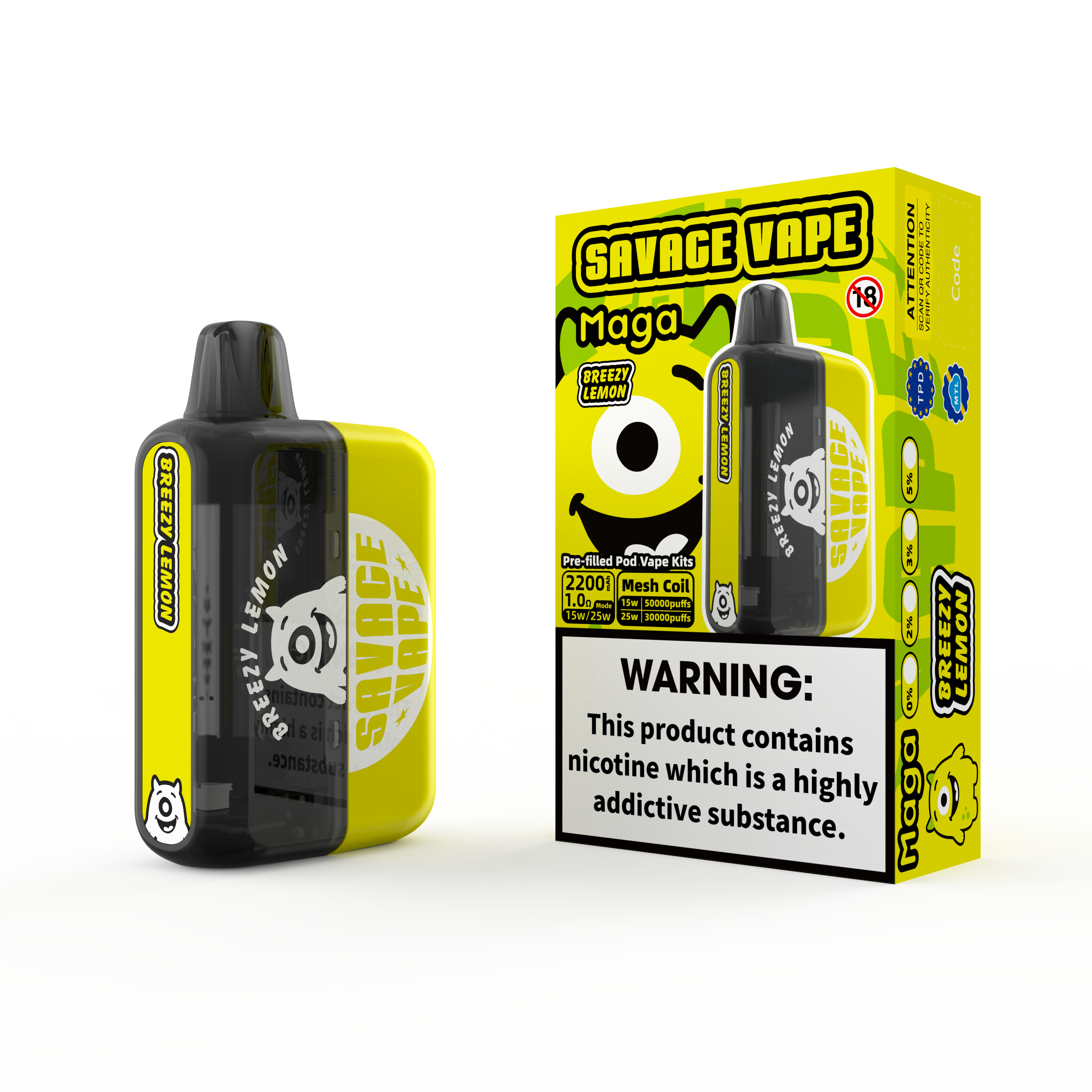 2025 Nouveau design Eu Warehouse Savage Maga 50000 Puff Préplaquée kits de cartouche remplaçable Vape 50K-Breezy Lemon