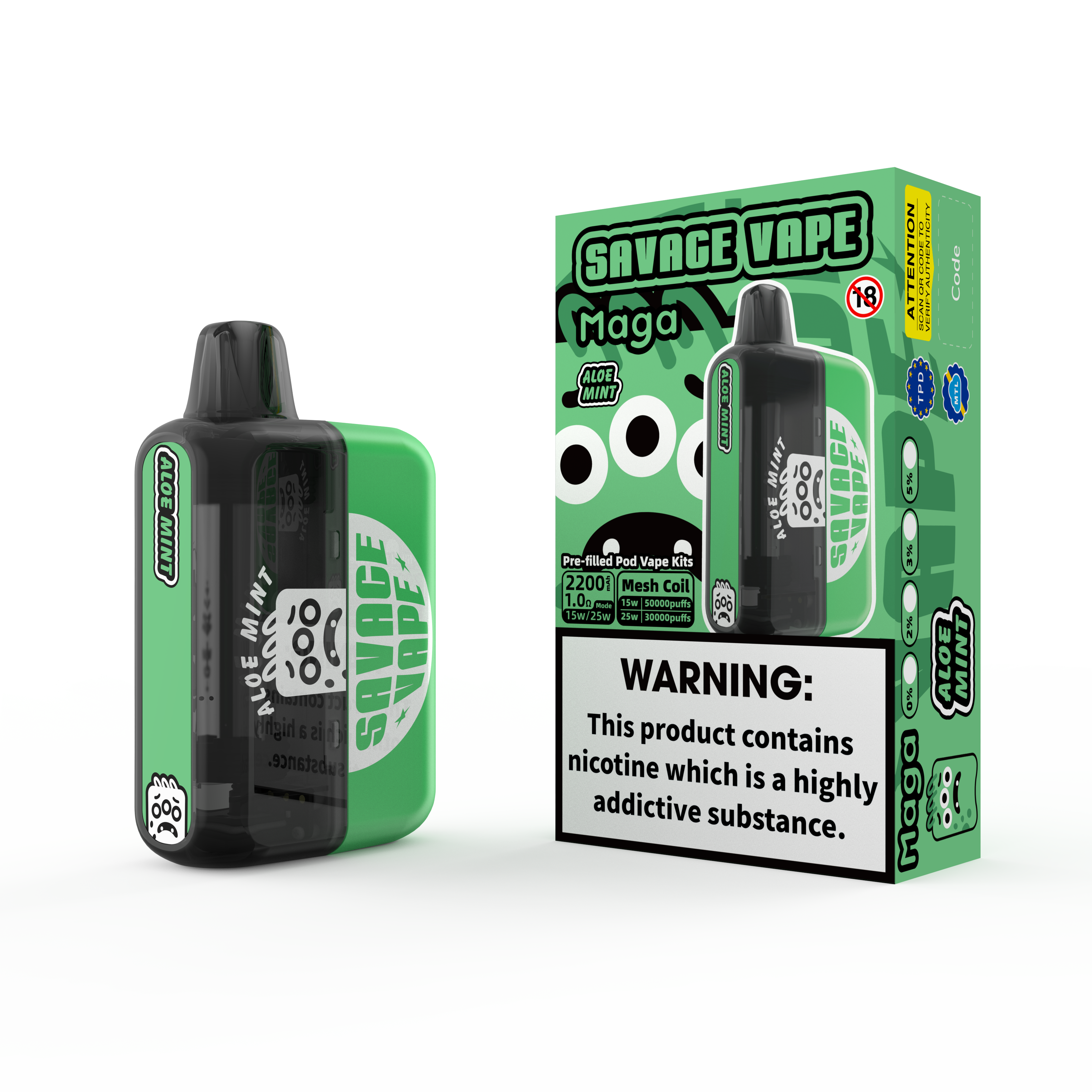 2025 Nouveau design Eu Warehouse Savage Maga 50000 Puffled Préfacable Cartridge Kits Disposable Vape 50K-Aee Mint