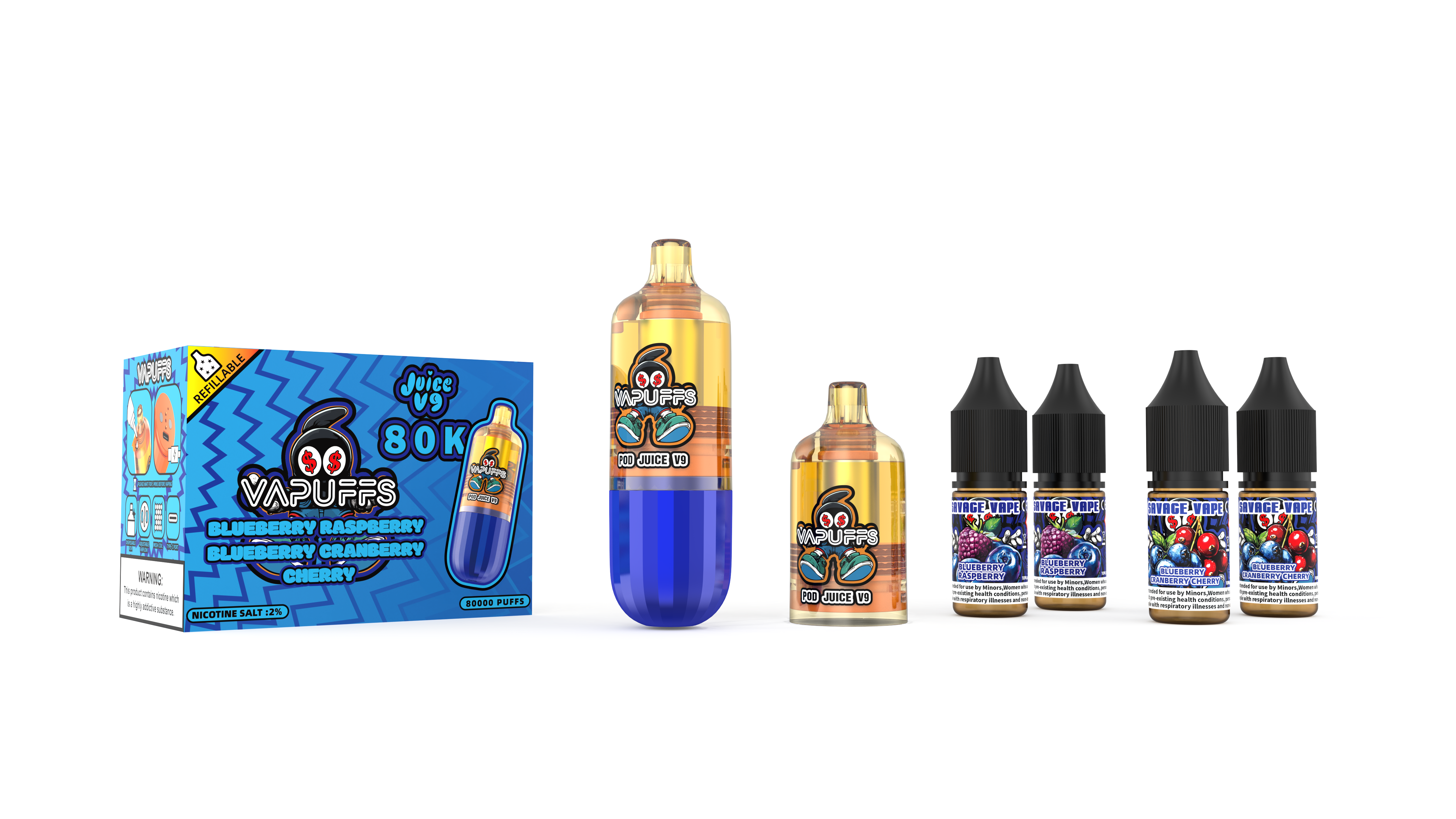 2025 Nouveau design EU Entrepôt Vapuffs Juicy V9 80k Puffs Kits rechargeables jetables Pods + 4 E-liuqid Vape de haute qualité-Myrtille Framboise / Myrtille Cranberry Cerise
