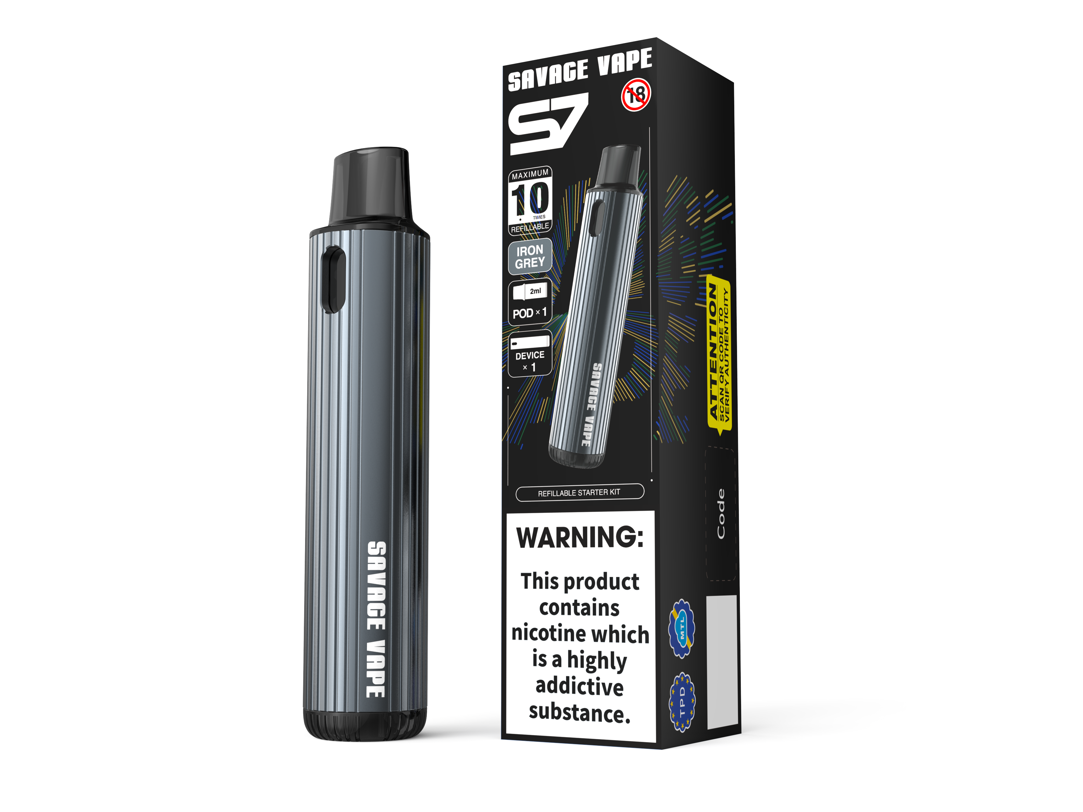 Savage Vape S7 Remplaçable Remplaçable 2 ml Pod Starter Kits Device 700mAh Batterie - TPD