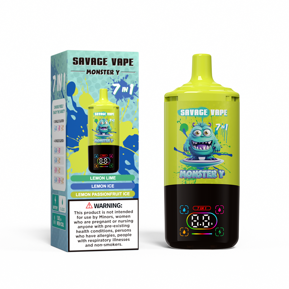 Top Sale Savage Monster Y 80000 Puff 65000 50000 E Cigarette 7 en 1 Double Mesh Coil Smart Affichage 30 + 30 + 30ml Eu Eu Eu Eu Warehouse Vape 80k 65k 50k Lemon Lime et citron glace