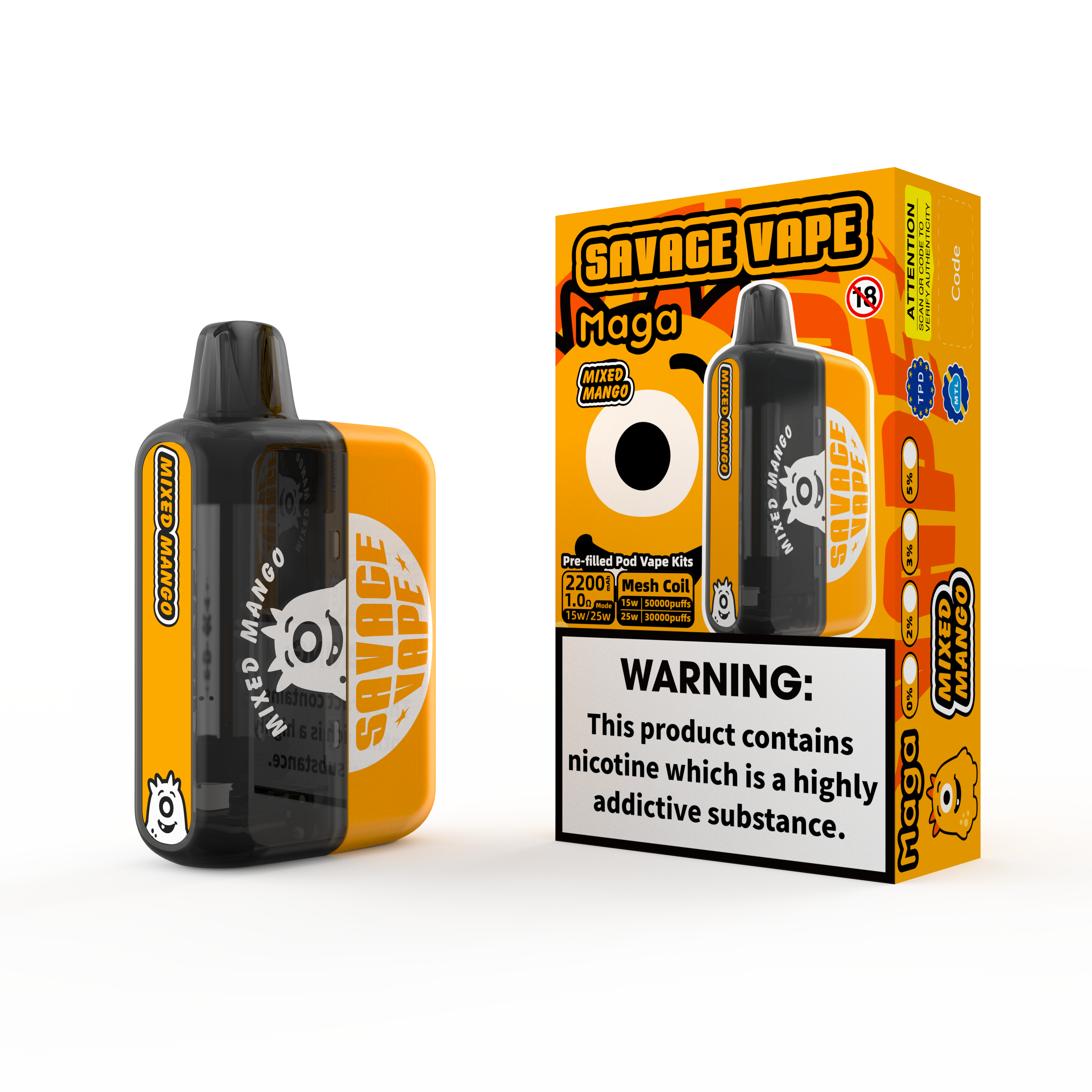 2025 Nouveau design Eu Warehouse Savage Maga 50000 Puff Préfaisable Kits de cartouche remplaçable Vape jetable Vape 50K Mixed Mango