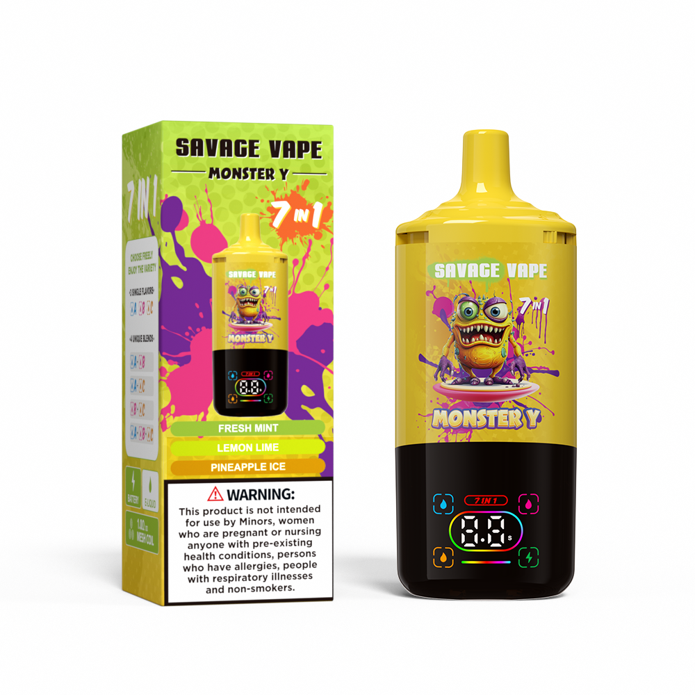 Top Sale Savage Monster Y 80000 Puff 65000 50000 E Cigarette 7 en 1 Double Mesh Coil Smart Affichage 30 + 30 + 30ml EU Eu Eu Eu Warehouse Vape 80k 65k 50k Fresh Mint et citron citron vert