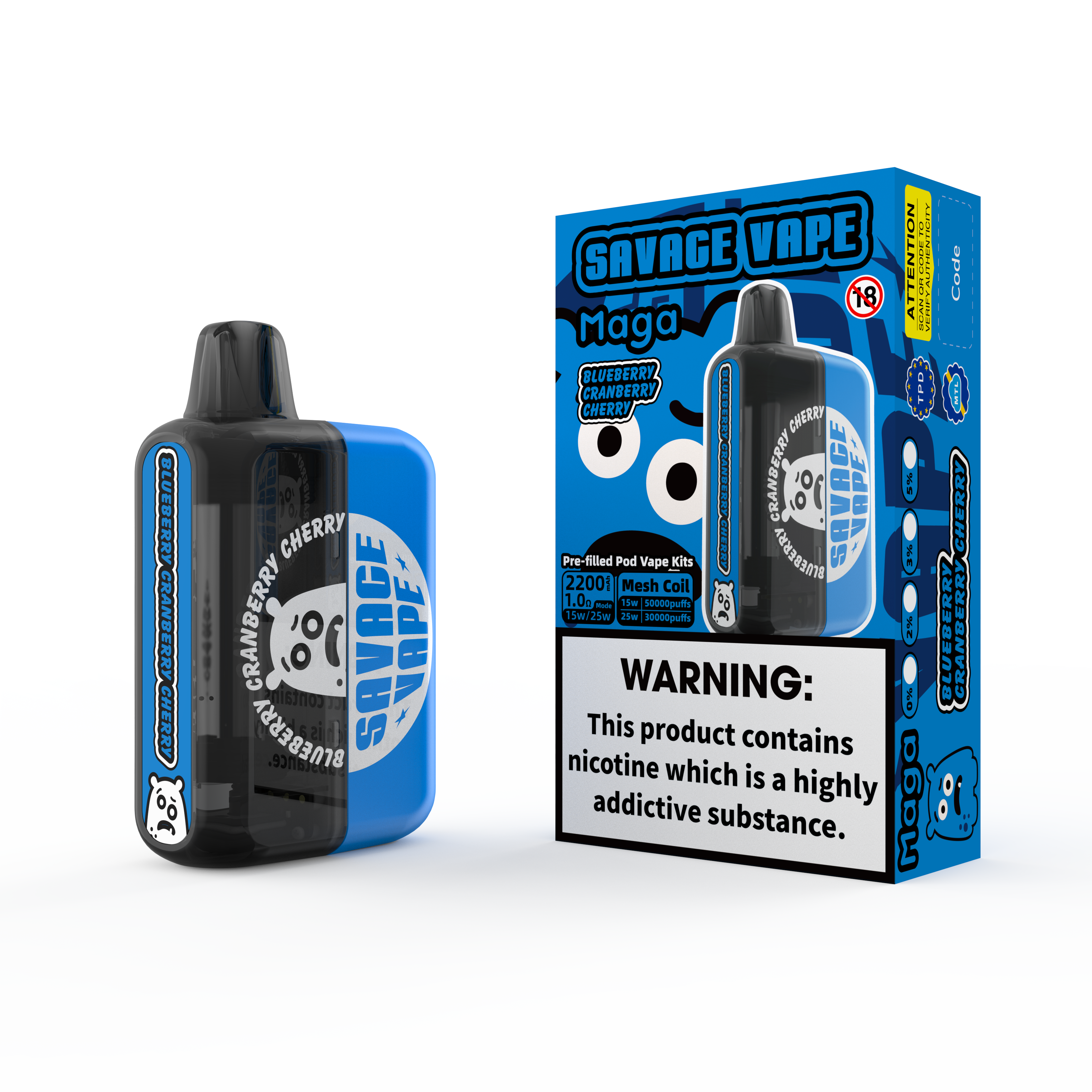 2025 Nouveau design Eu Warehouse Savage MAGA 50000 Puffle Préfacable Cartridge Kits jetable Vape 50k-Blueberry Cranberry Cherry