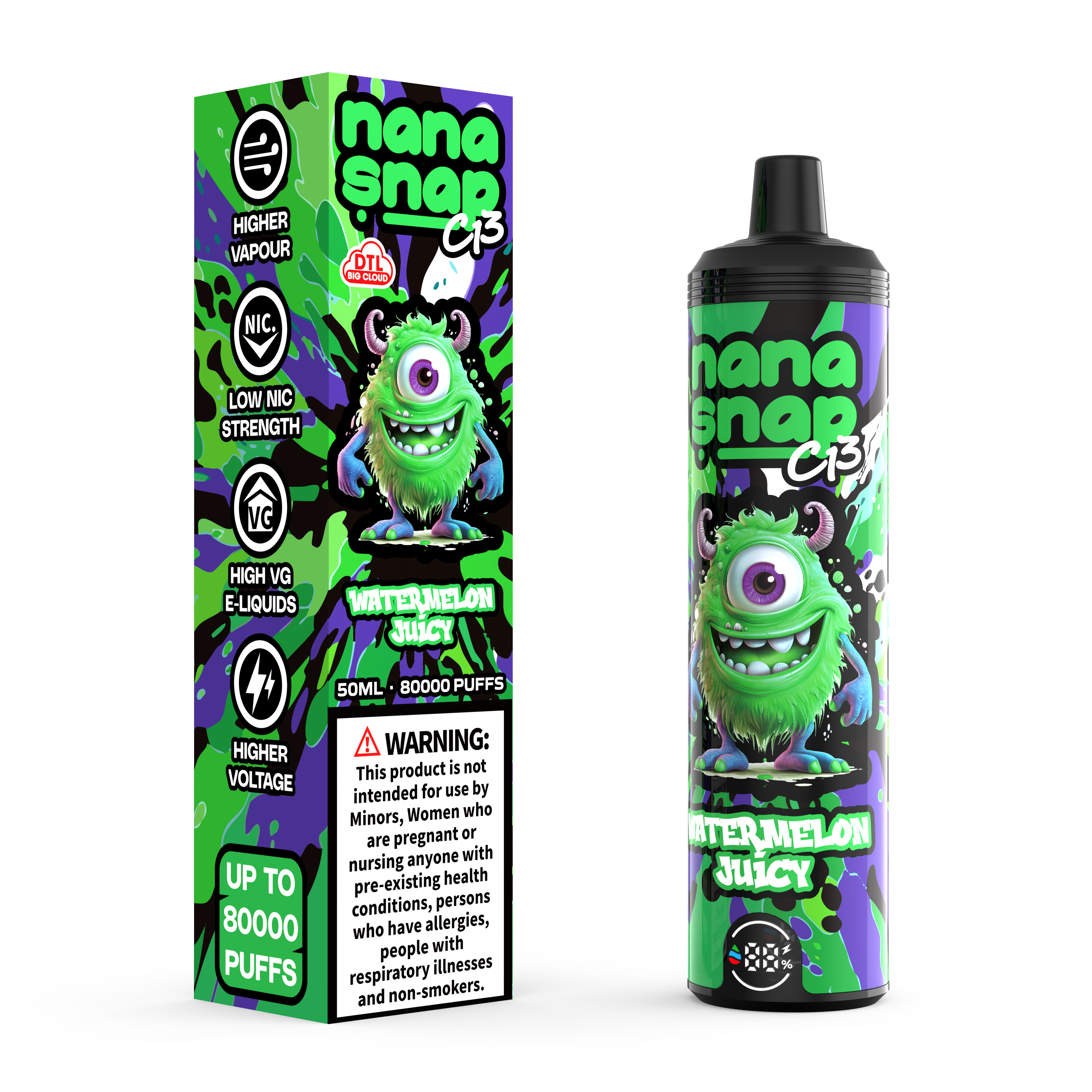 Nanasnap de haute qualité C13 80000 Puff 60000 50000 E Cigarette Pod Pocket Hobeil DTL VACPER 50 ML E-LIQUID DUUAL MESH COIL EU ENTAGEMENT DIPOSIBLE Vape 80K 60K 50K-Watermelon Juicy